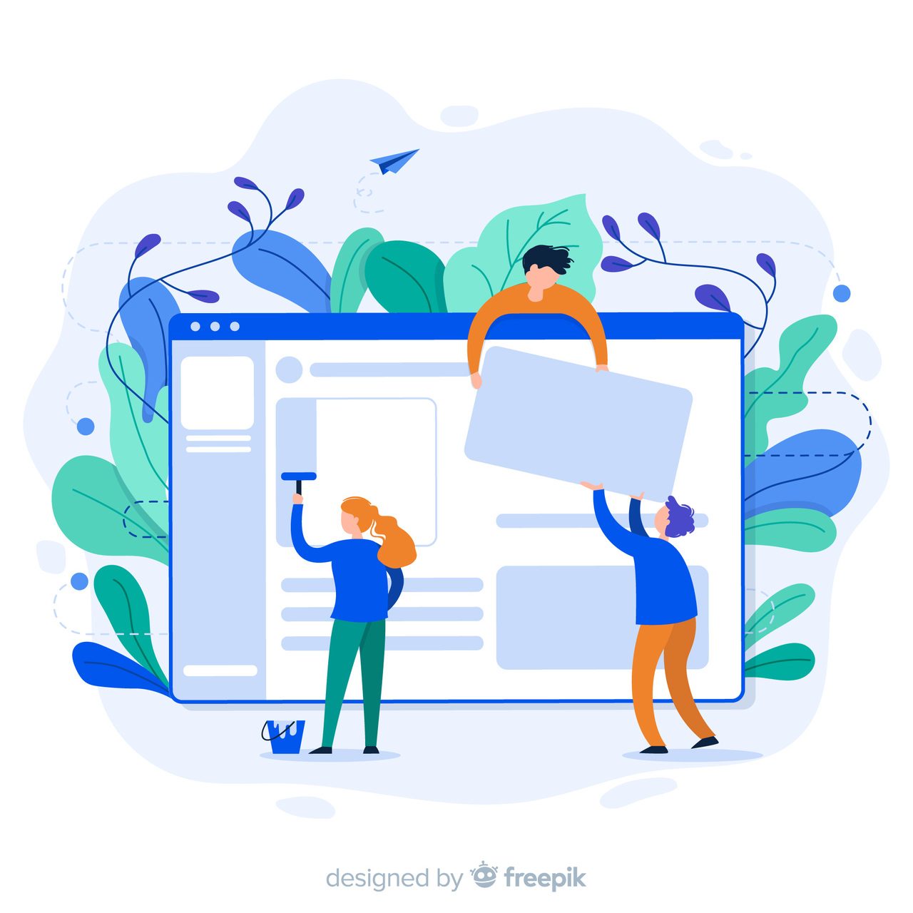 Graphics of a web design team creating a website