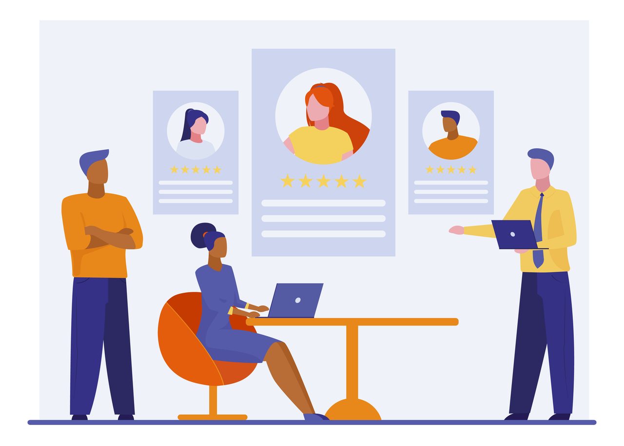 Graphics of managers talking about employee performance